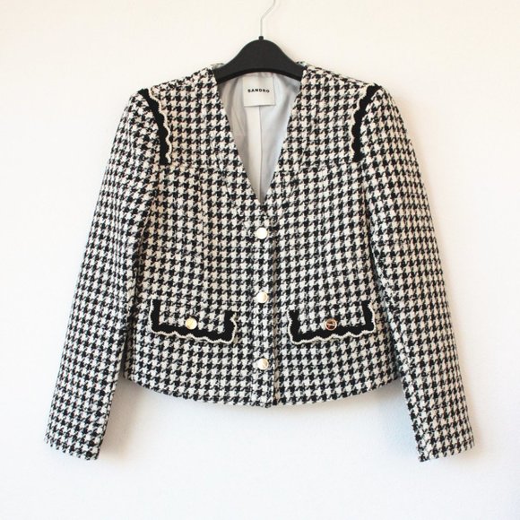Sandro Houndstooth Tweed Jacket, Black, Size 36 / S - Picture 1 of 11